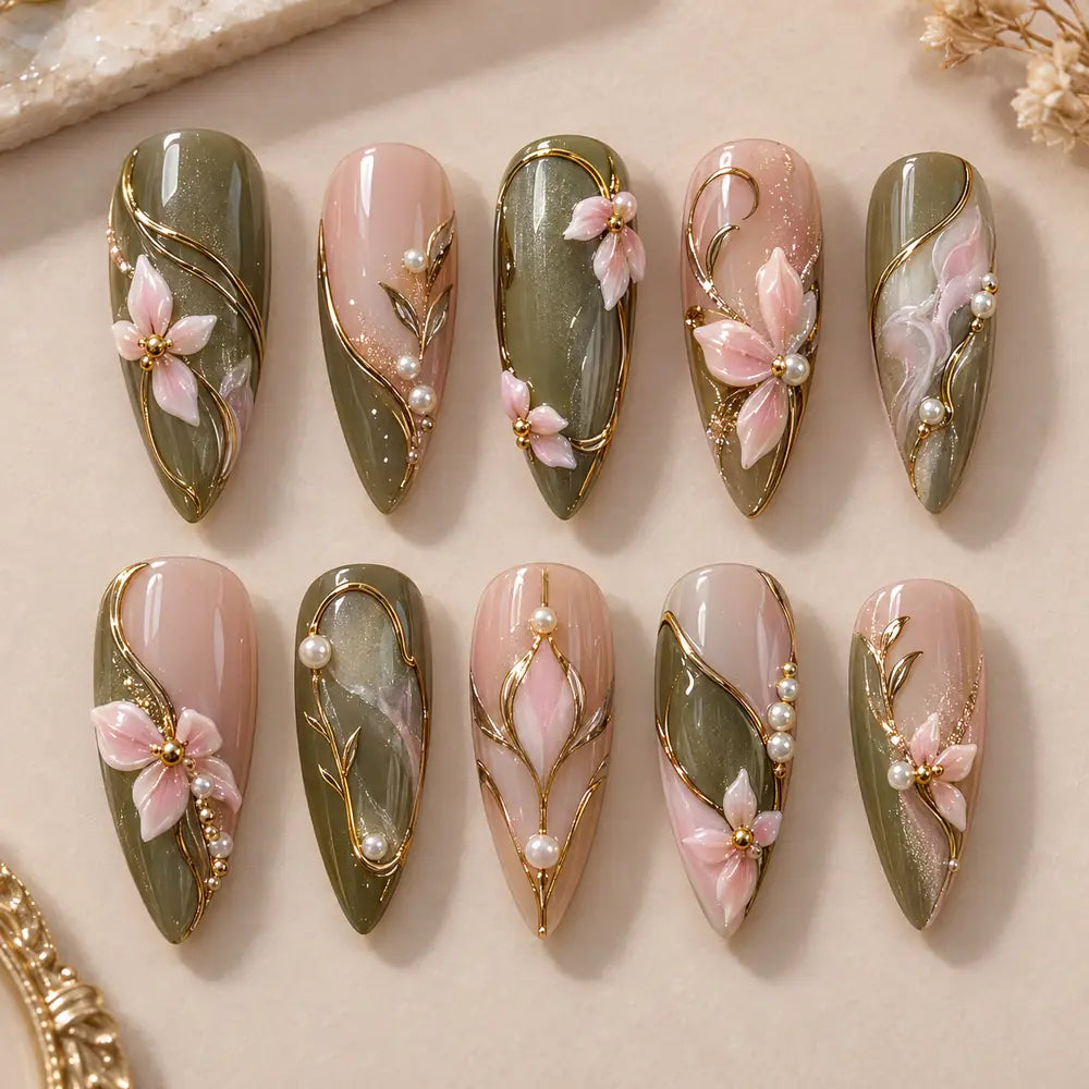 3D Pink Blossom Olive Press On Nails — image 2