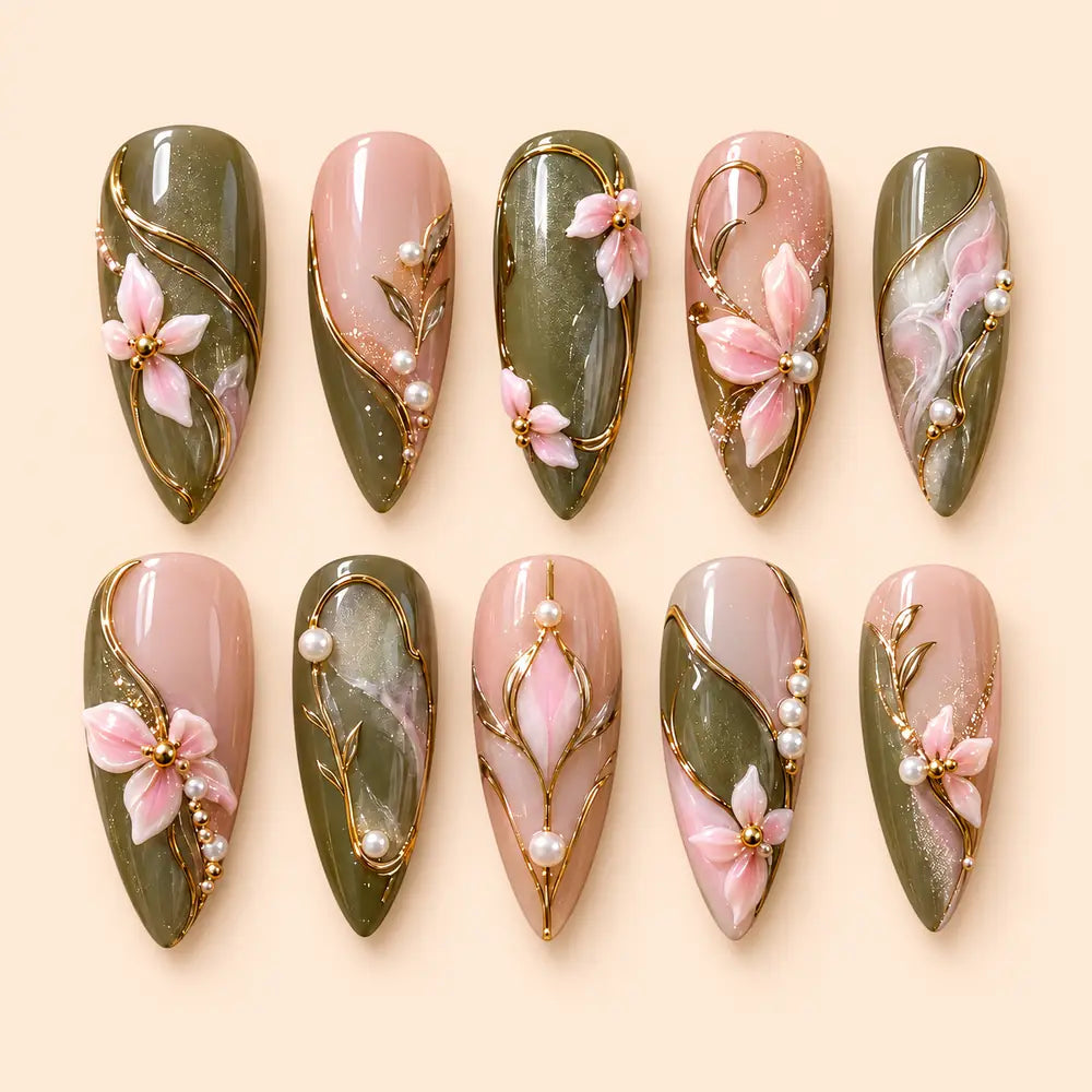 3D Pink Blossom Olive Press On Nails — image 1