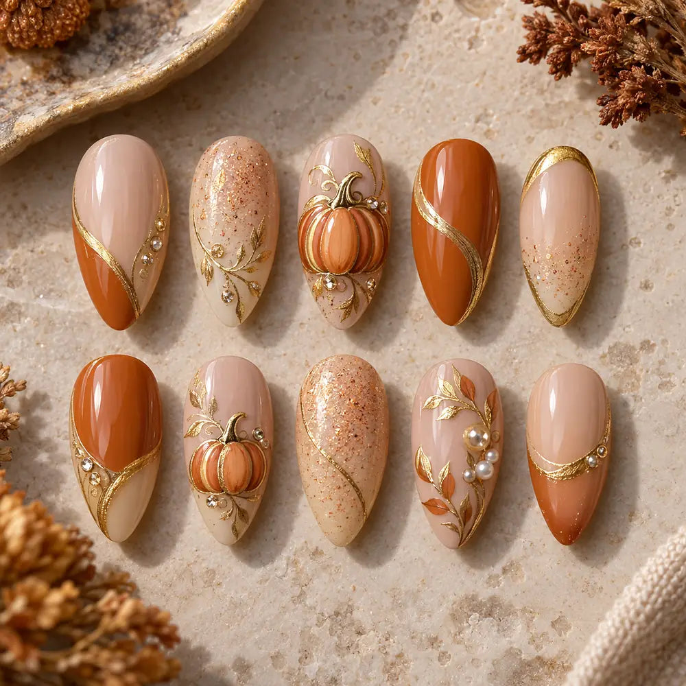 3D Pumpkin Harvest Thanksgiving Press On Nails — image 2