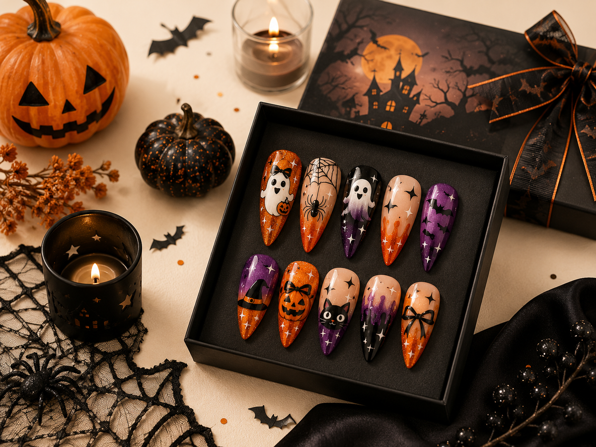 A set of Halloween-themed press-on nails displayed in an open black box, surrounded by seasonal props including pumpkins, candles, spiderwebs, and a black gift box with a haunted-house design.
