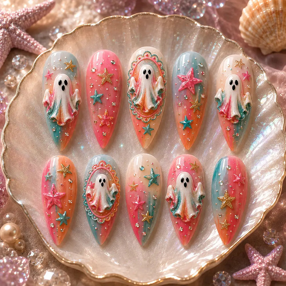 Adorable Halloween Ghost & Glitter Stars Ombre Press On Nails