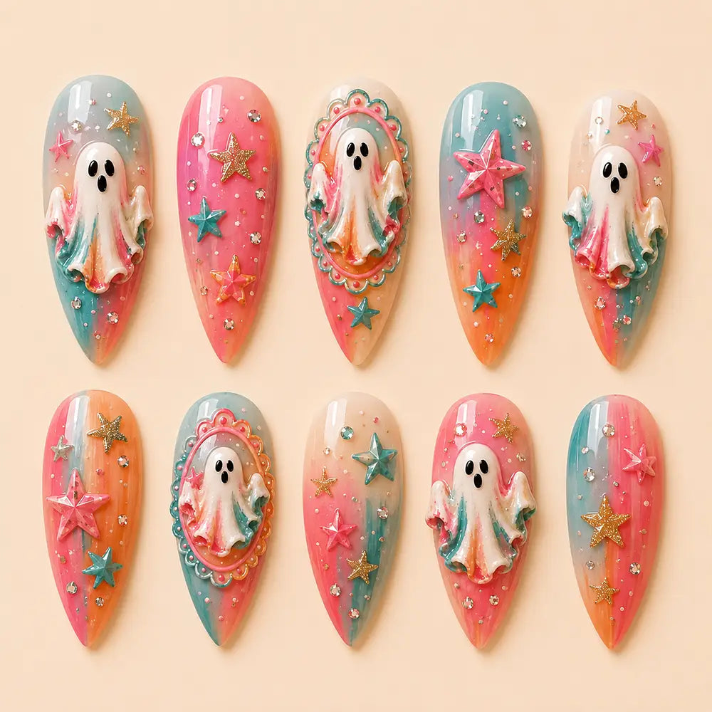 Adorable Halloween Ghost & Glitter Stars Ombre Press On Nails