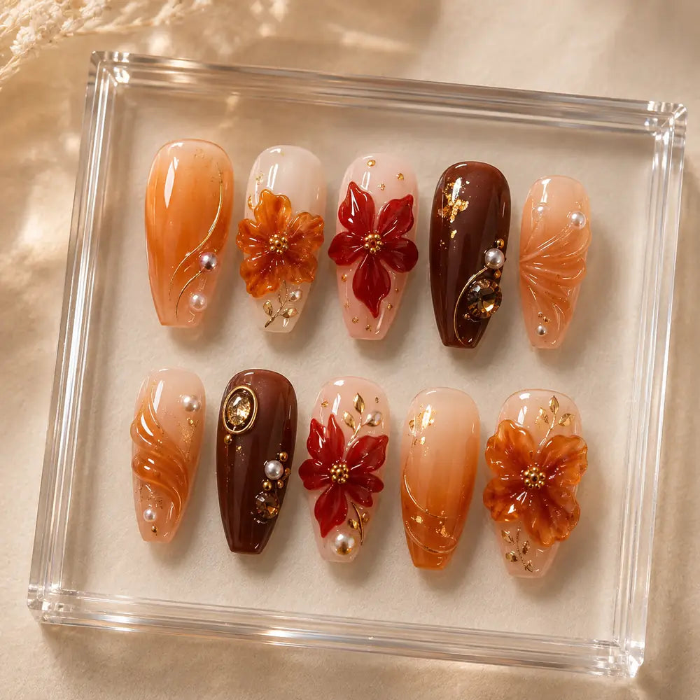 Amber Floral 3D Rhinestone Press On Nails — image 2