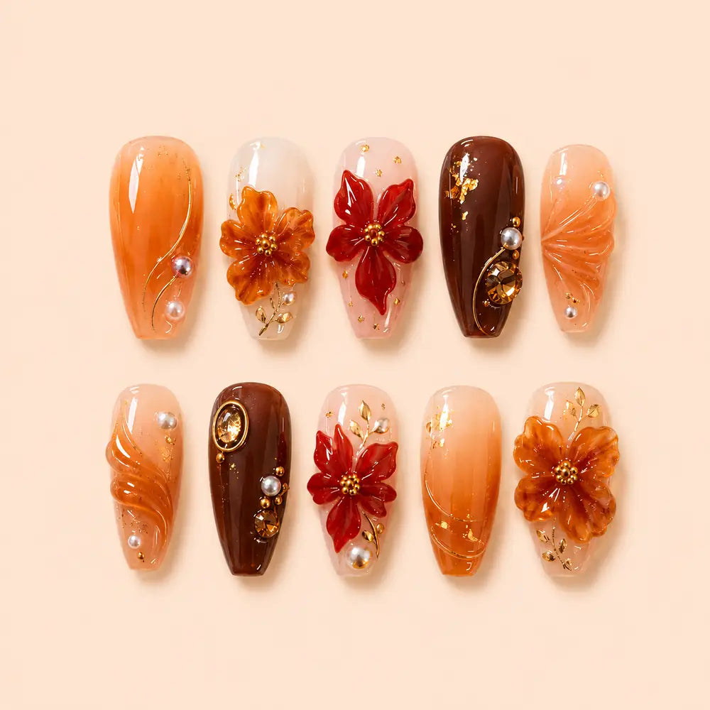 Amber Floral 3D Rhinestone Press On Nails — image 1
