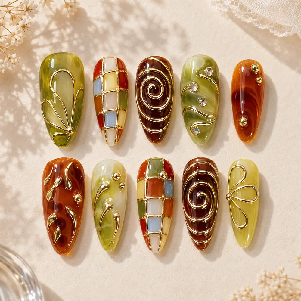 Amber Garden Mosaic 3D Press On Nails — image 2