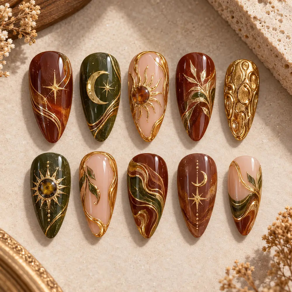Amber Moon and Sun 3D Celestial Press On Nails — image 2