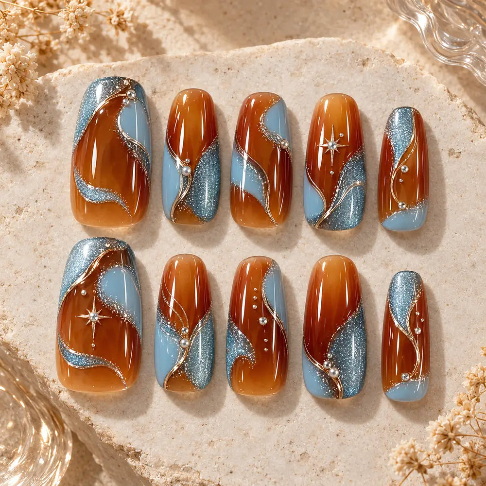 Amber Orbit Celestial Glitter Press On Nails — image 2