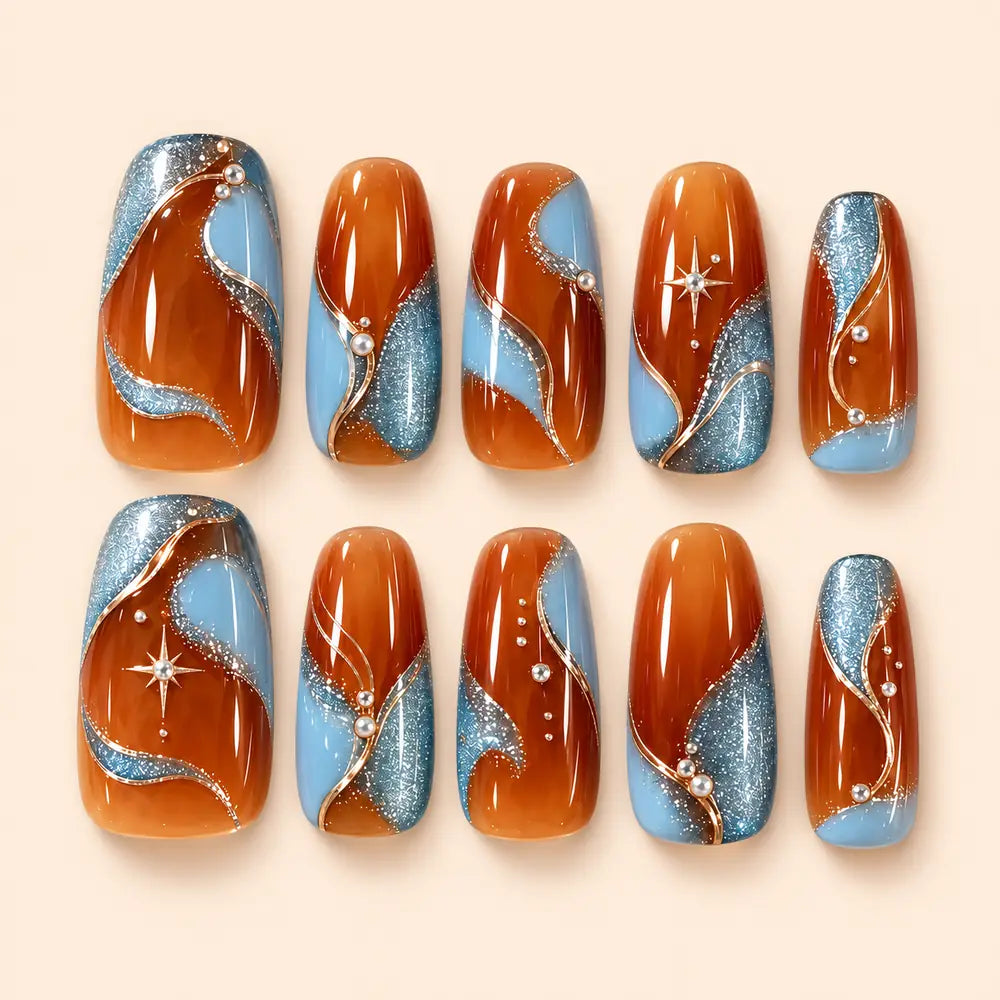 Amber Orbit Celestial Glitter Press On Nails — image 1