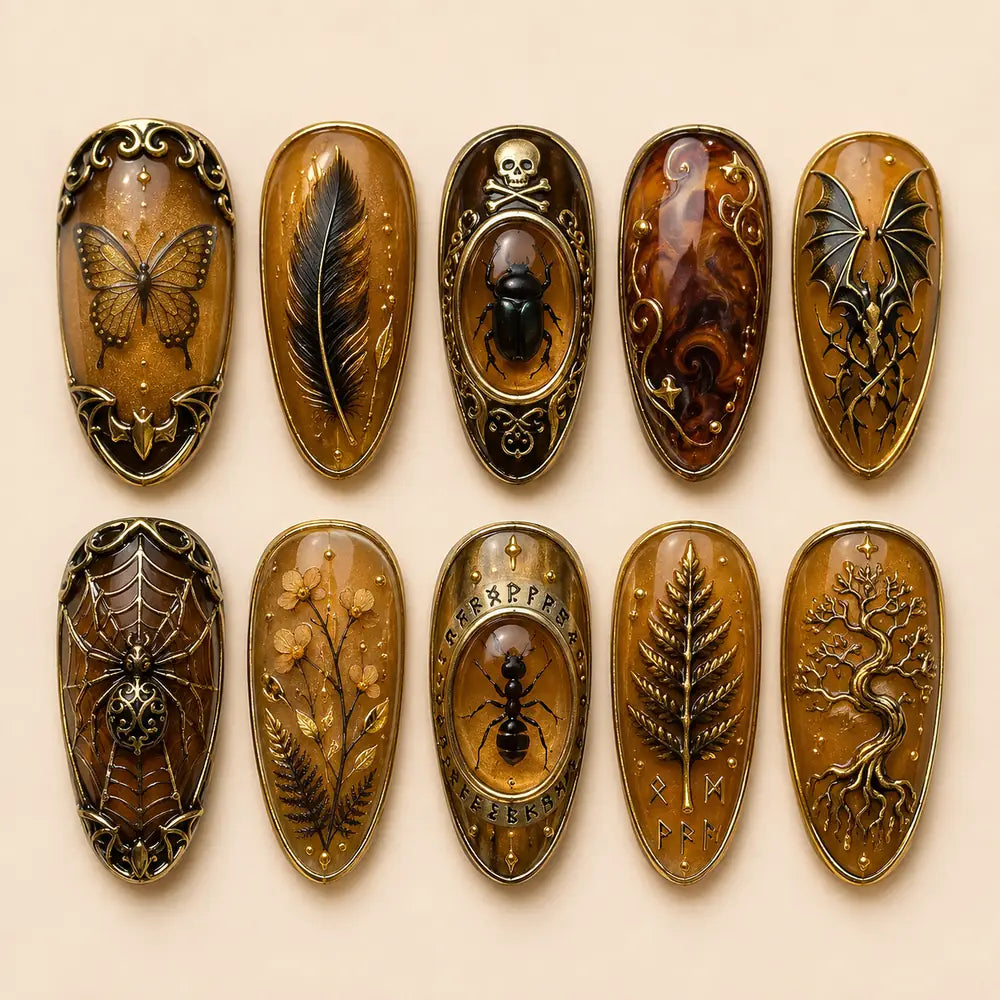 Amber Skull, Bat & Spider 3D Halloween Press On Nails — image 2