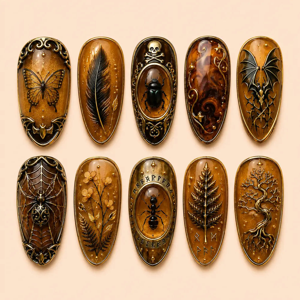 Amber Skull, Bat & Spider 3D Halloween Press On Nails — image 1