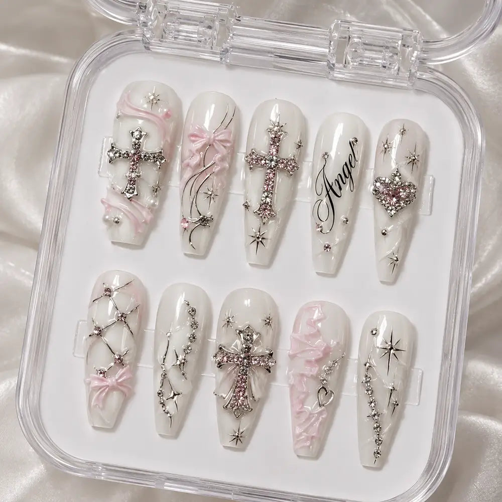 Angel Cross Pink Rhinestone 3D Press On Nails — image 2