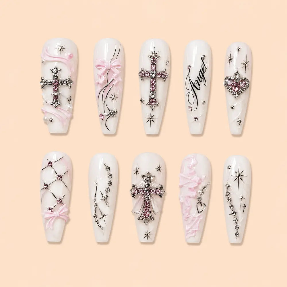 Angel Cross Pink Rhinestone 3D Press On Nails — image 1