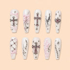 Angel Cross Pink Rhinestone 3D Press On Nails — image 1
