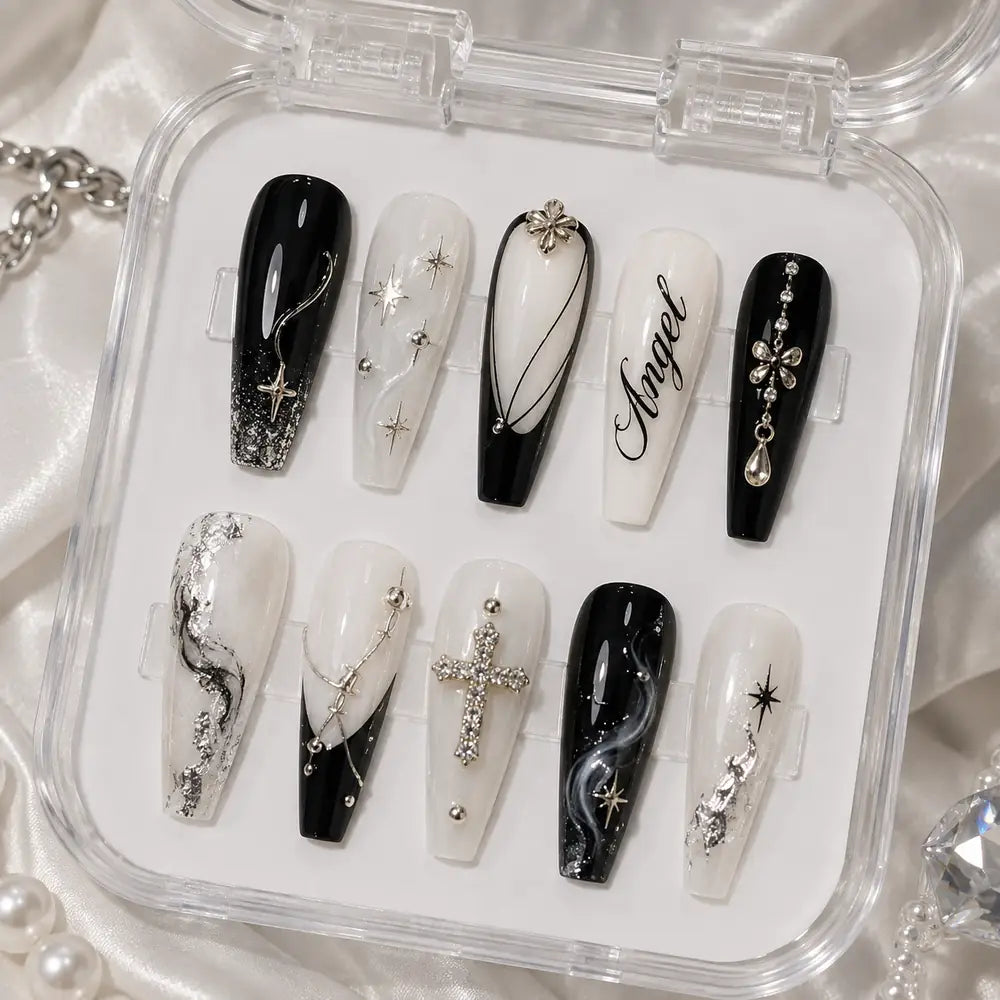 Angel Script Cross Rhinestone Press On Nails — image 2