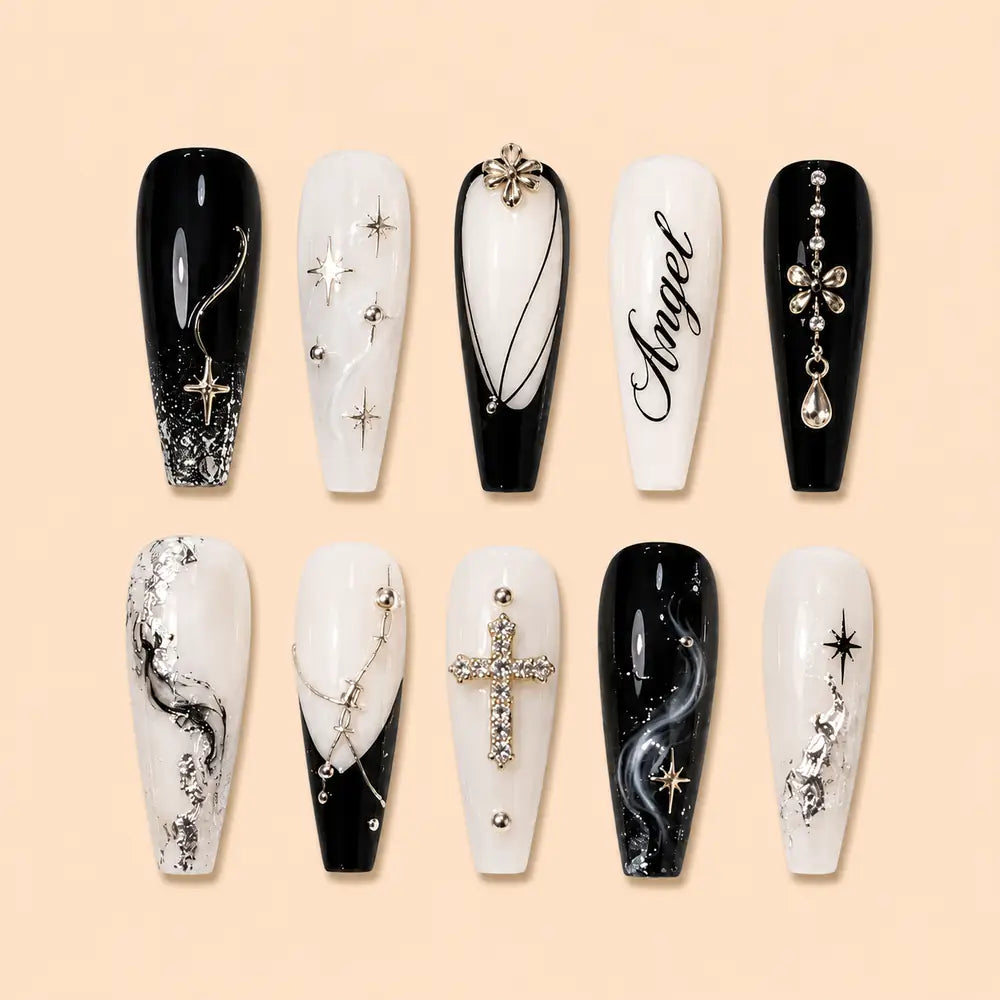 Angel Script Cross Rhinestone Press On Nails — image 1