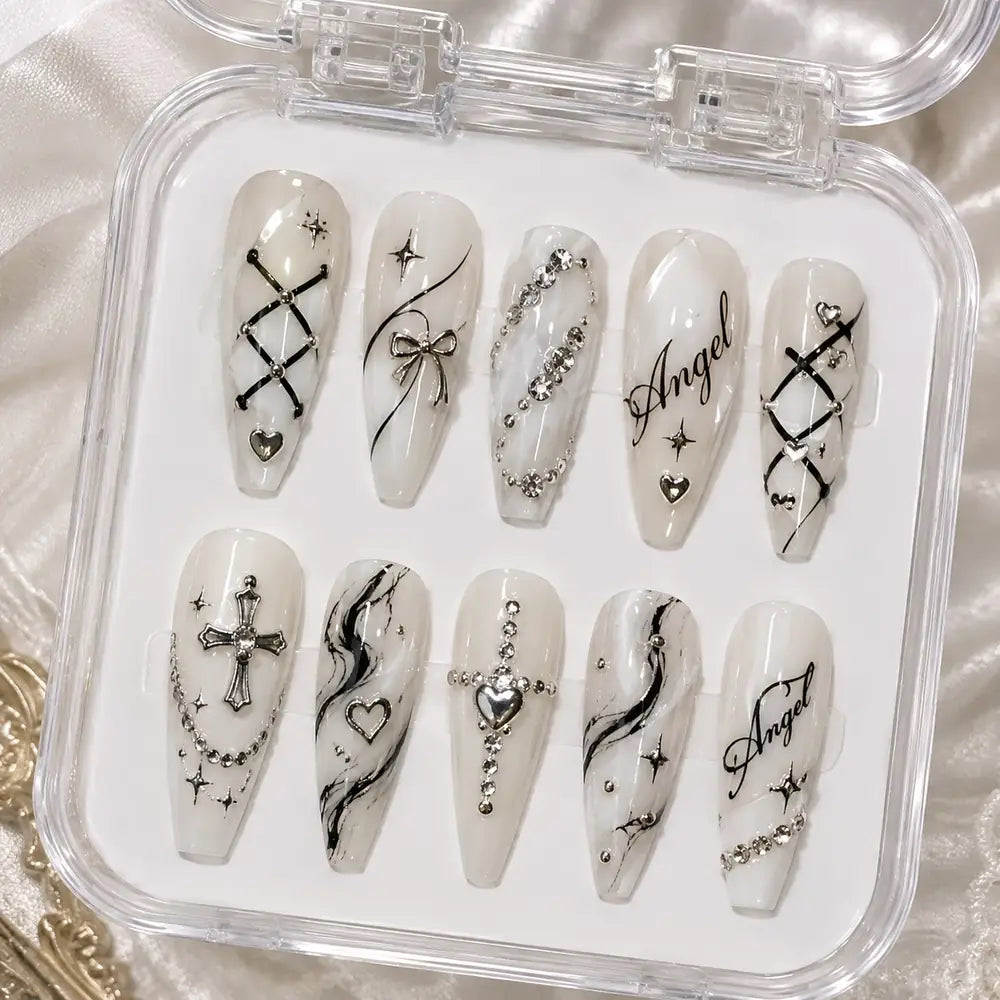 Angelic Cross & Rhinestone Lattice Press On Nails — image 2