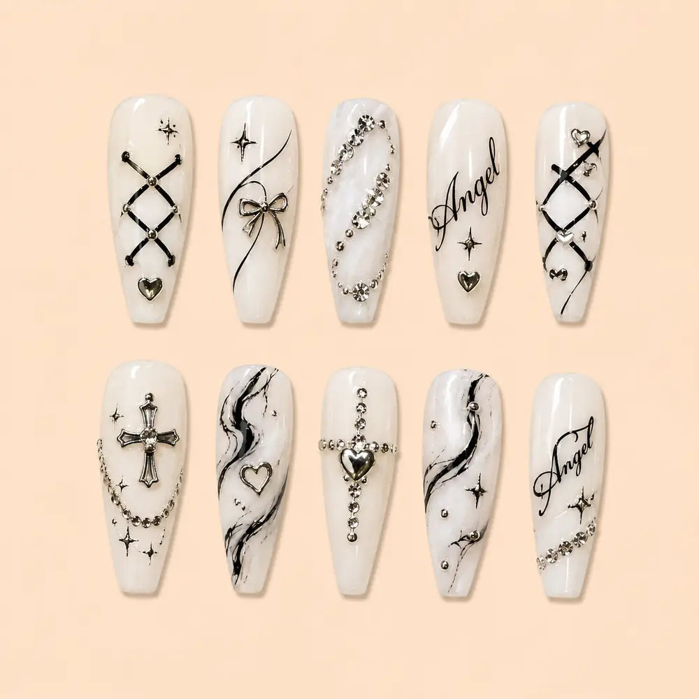 Angelic Cross & Rhinestone Lattice Press On Nails — image 1