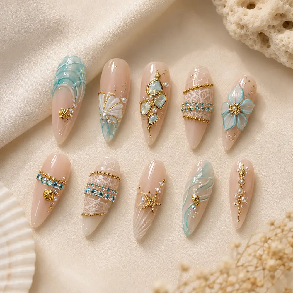 Aqua Tide 3D Shell & Starfish Press On Nails — image 2