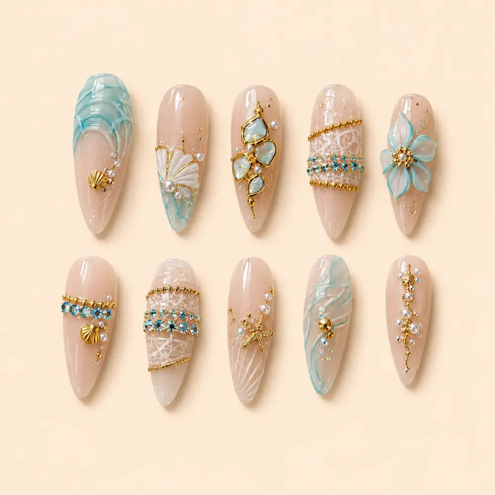 Aqua Tide 3D Shell & Starfish Press On Nails — image 1