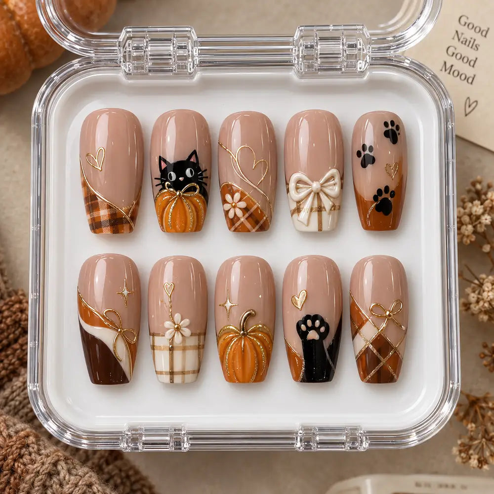 Autumn Cat & Pumpkin 3D Press On Nails — image 2