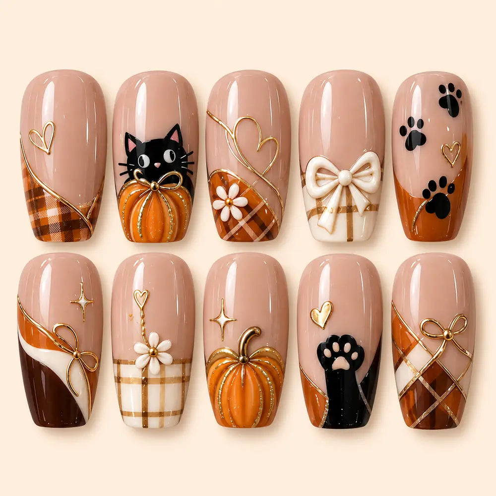 Autumn Cat & Pumpkin 3D Press On Nails — image 1