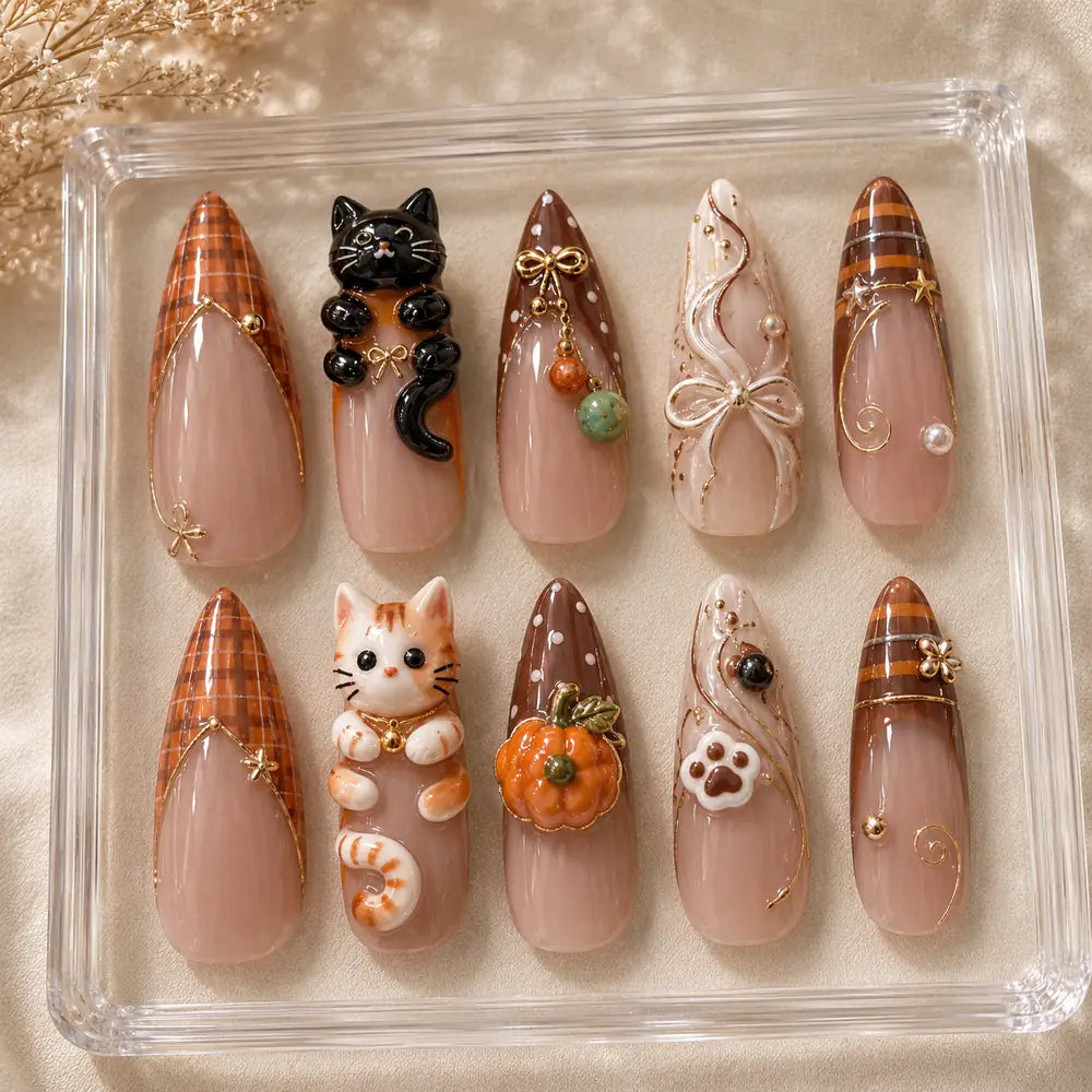 Autumn Cat Pumpkin Plaid 3D Press On Nails — image 2