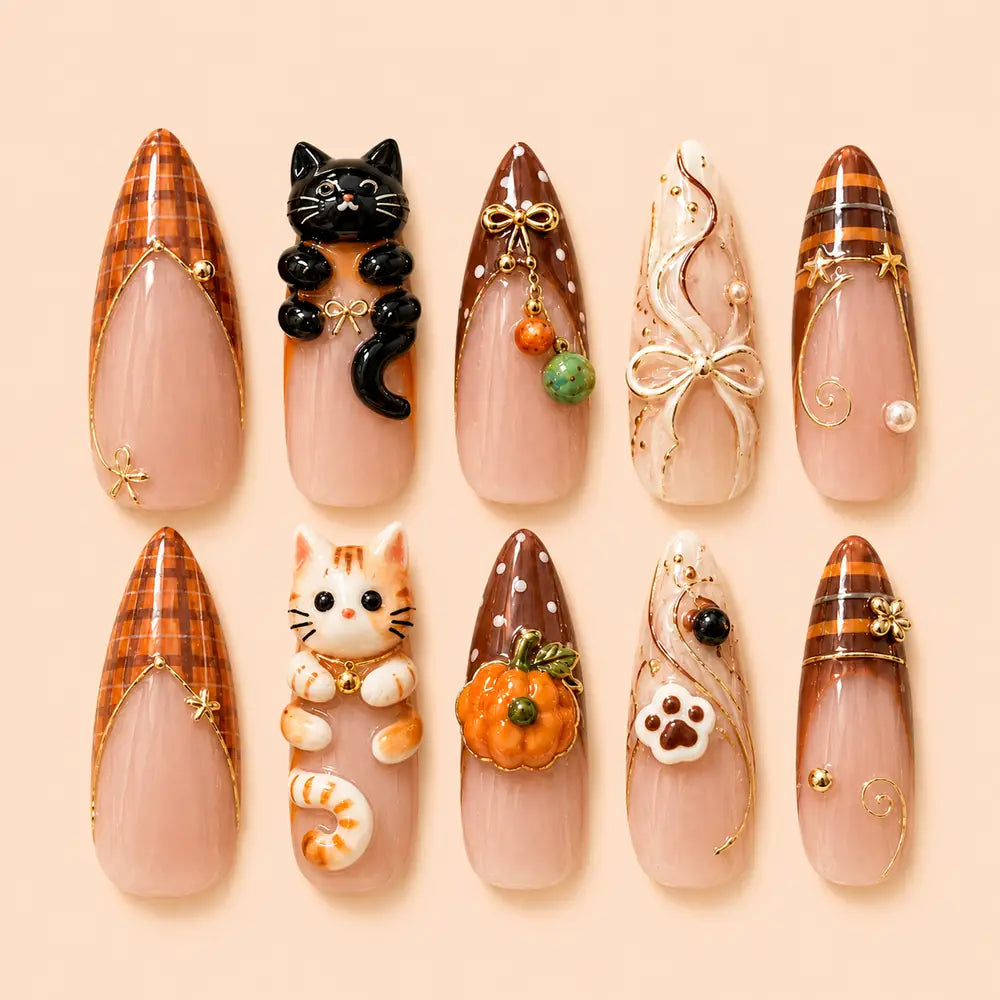 Autumn Cat Pumpkin Plaid 3D Press On Nails — image 1