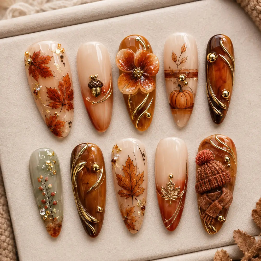 Autumn Harvest Pumpkin & Maple Leaf 3D Press On Nails — image 2