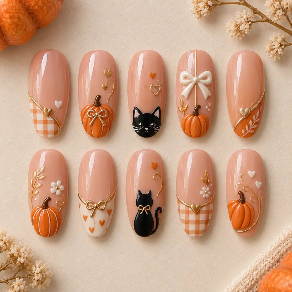 Autumn Pumpkin & Black Cat 3D Press On Nails — image 2