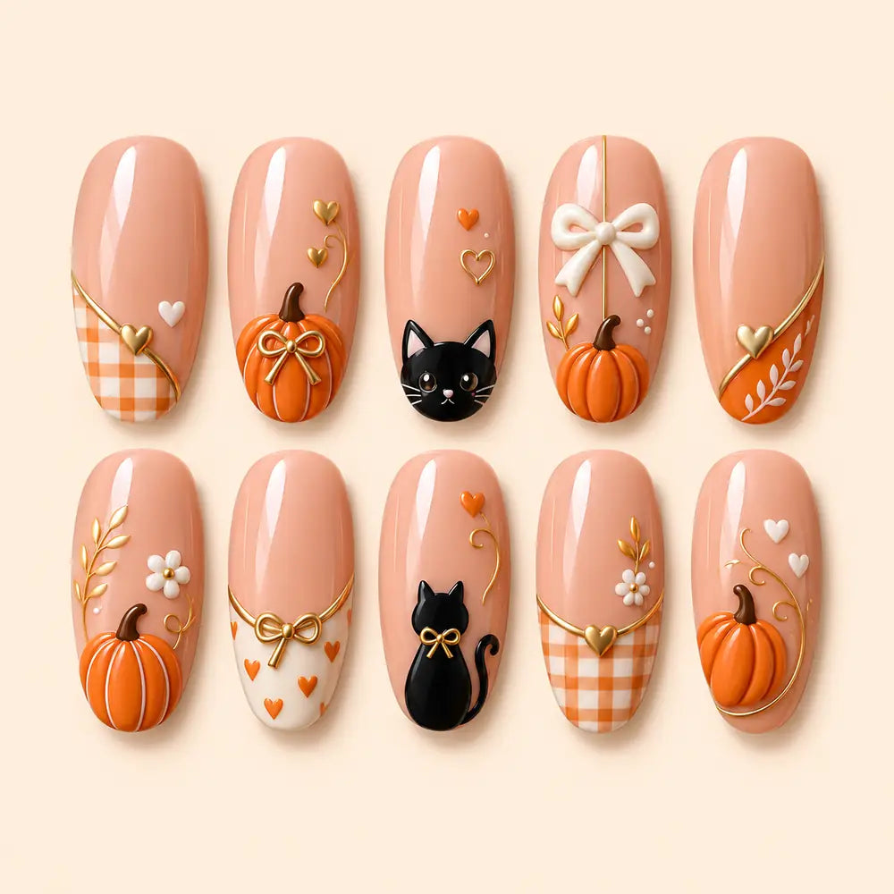 Autumn Pumpkin & Black Cat 3D Press On Nails — image 1