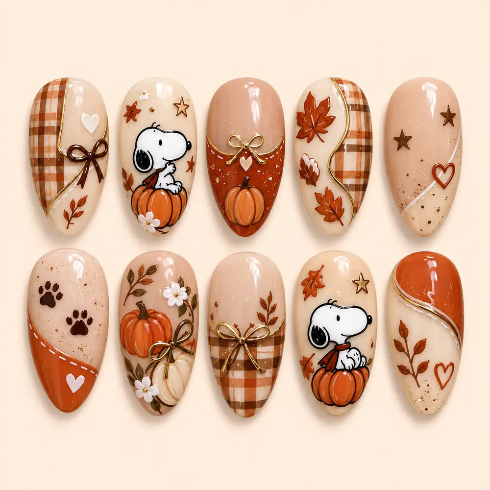 Autumn Pumpkin Cartoon Dog 3D Bow Press On Nails — image 1