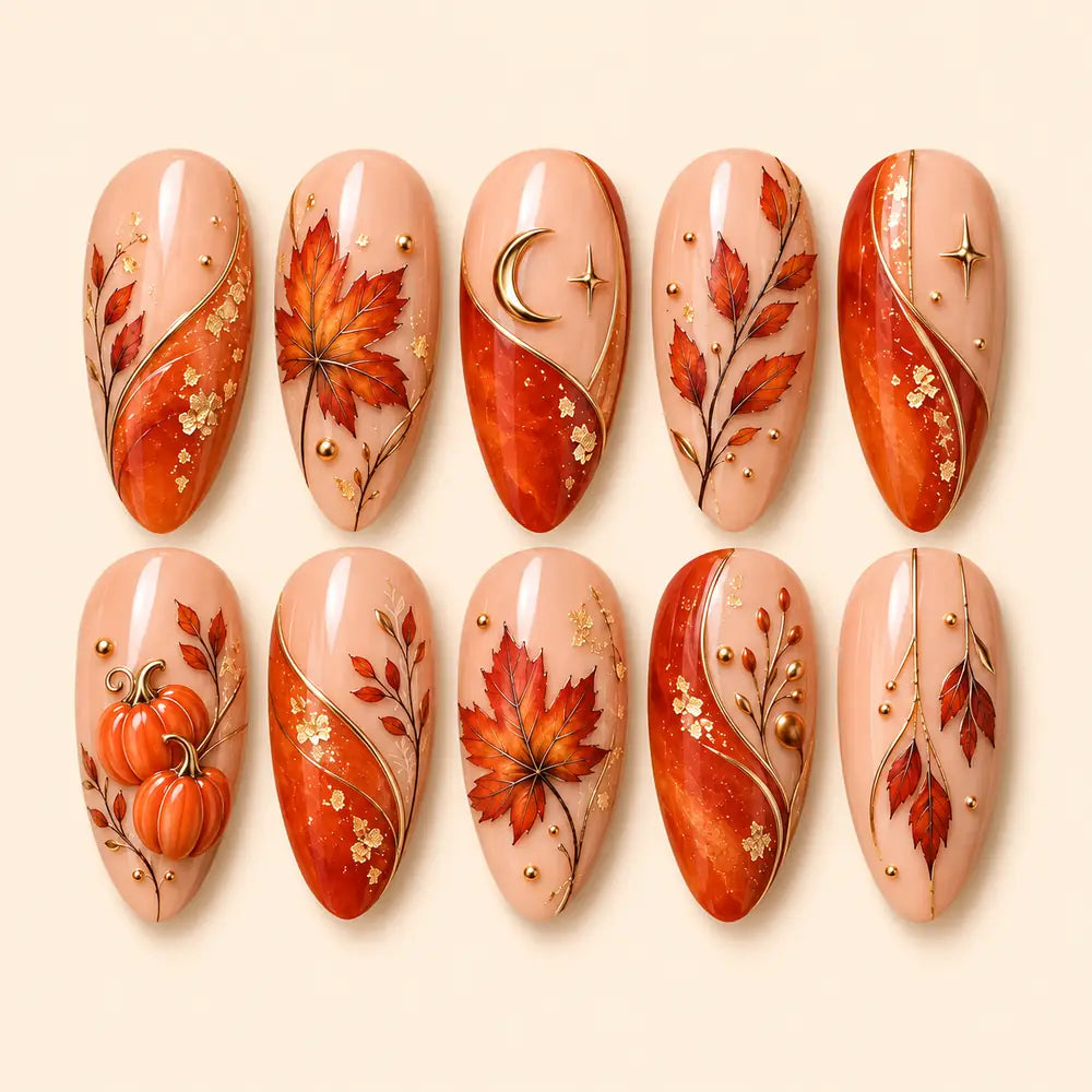 Autumn Pumpkin & Maple Leaf 3D Press On Nails — image 1