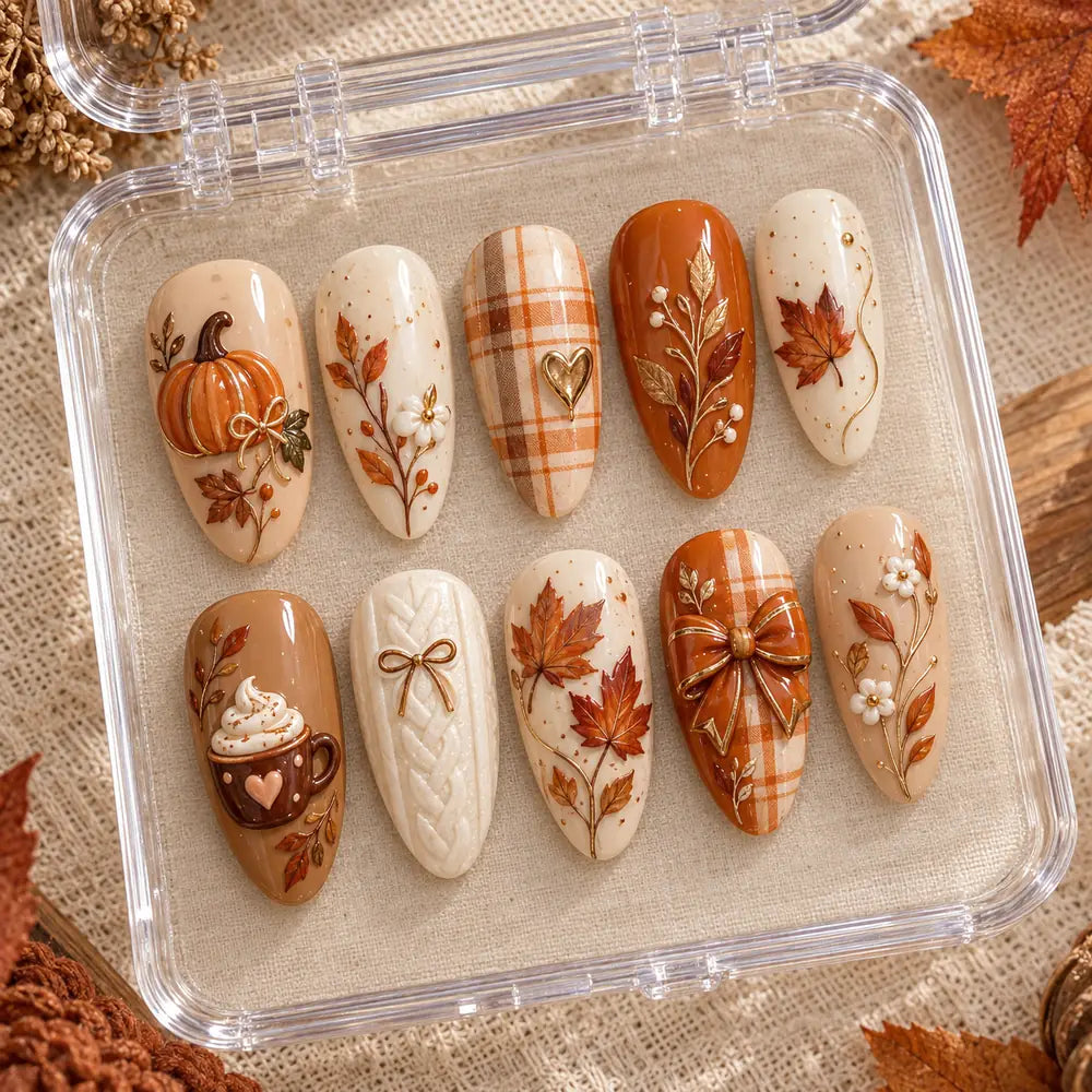 Autumn Pumpkin & Plaid 3D Press On Nails — image 2