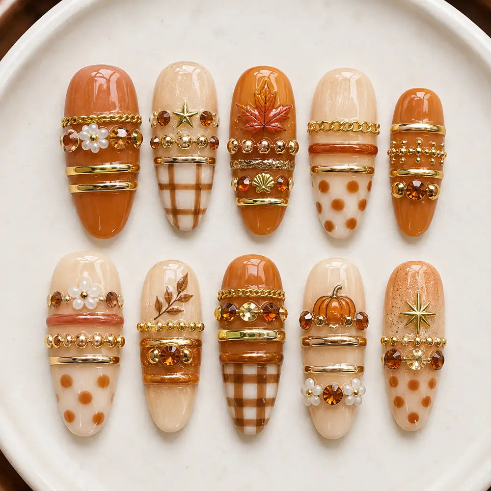 Autumn Pumpkin Plaid Thanksgiving Press On Nails — image 2