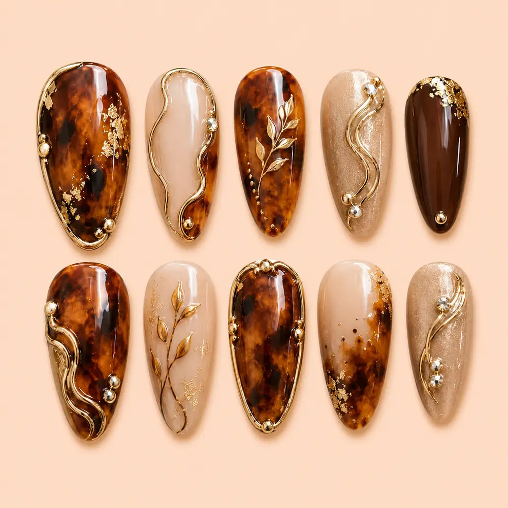 Autumn Tortoiseshell Leaf 3D Press On Nails — image 1