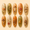 Autumn Woodland Mushroom & Botanical Gold Flake Cat Eye Press On Nails