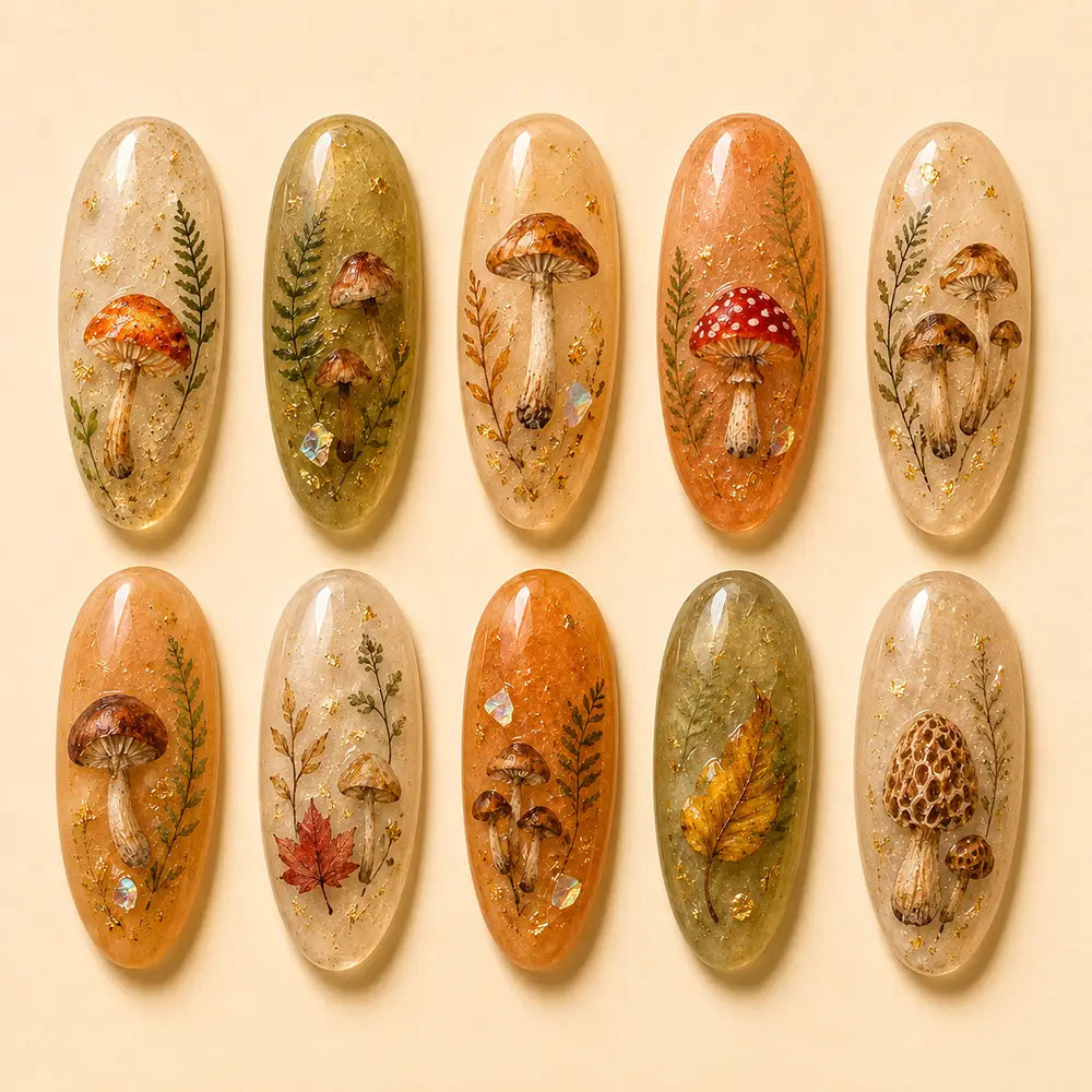 Autumn Woodland Mushroom & Botanical Gold Flake Cat Eye Press On Nails