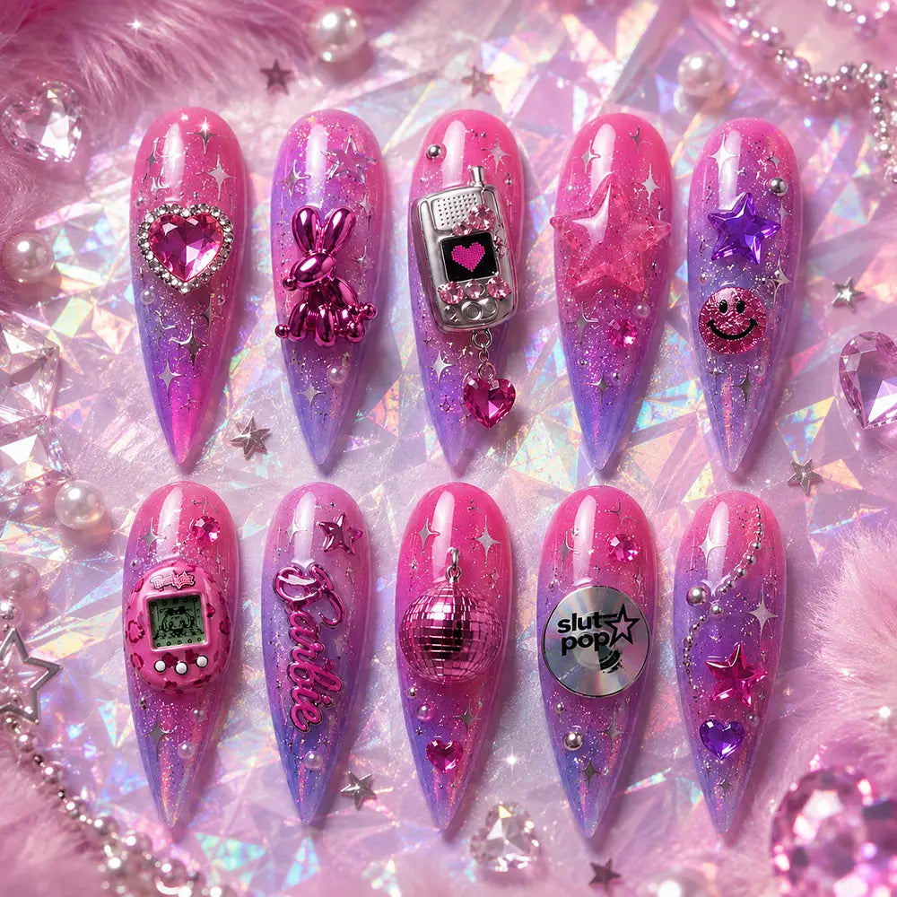Barbiecore Birthday Disco Heart Glitter Ombre Press On Nails