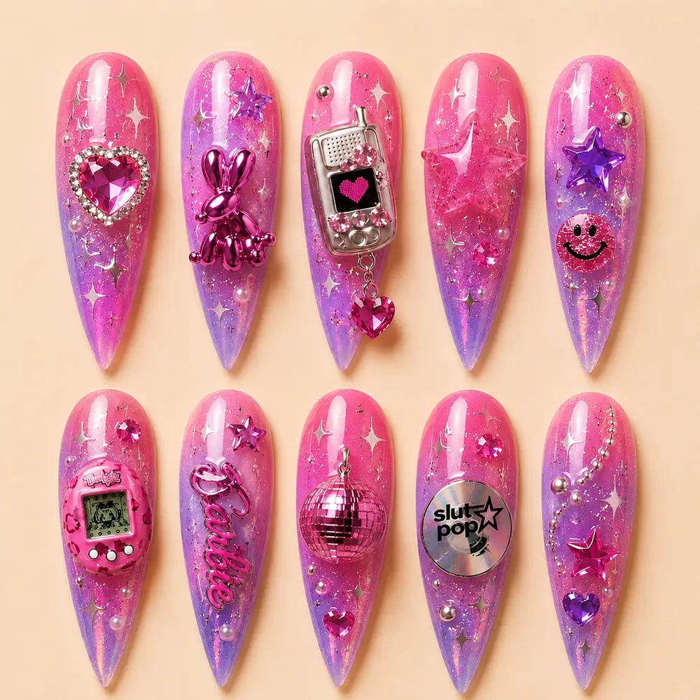 Barbiecore Birthday Disco Heart Glitter Ombre Press On Nails