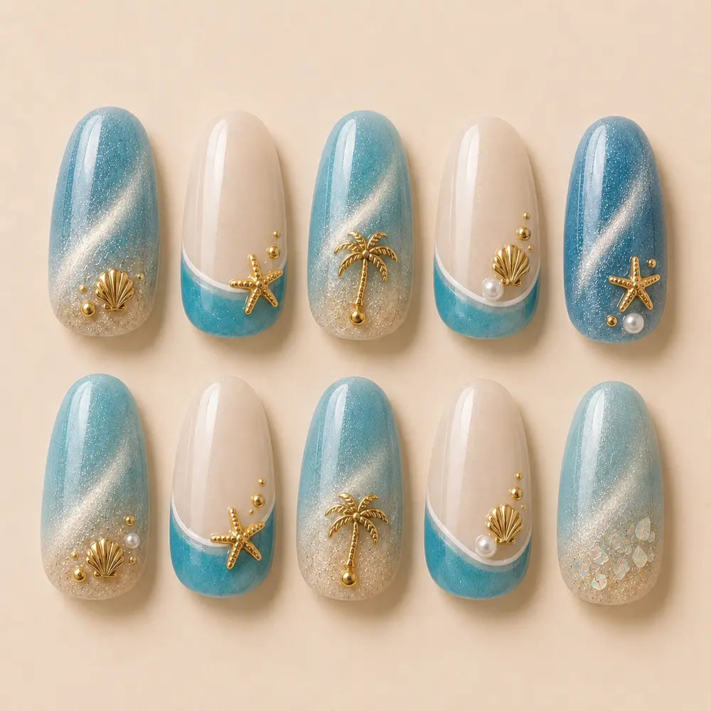 Beach Vacation Seashell Cat Eye Press On Nails