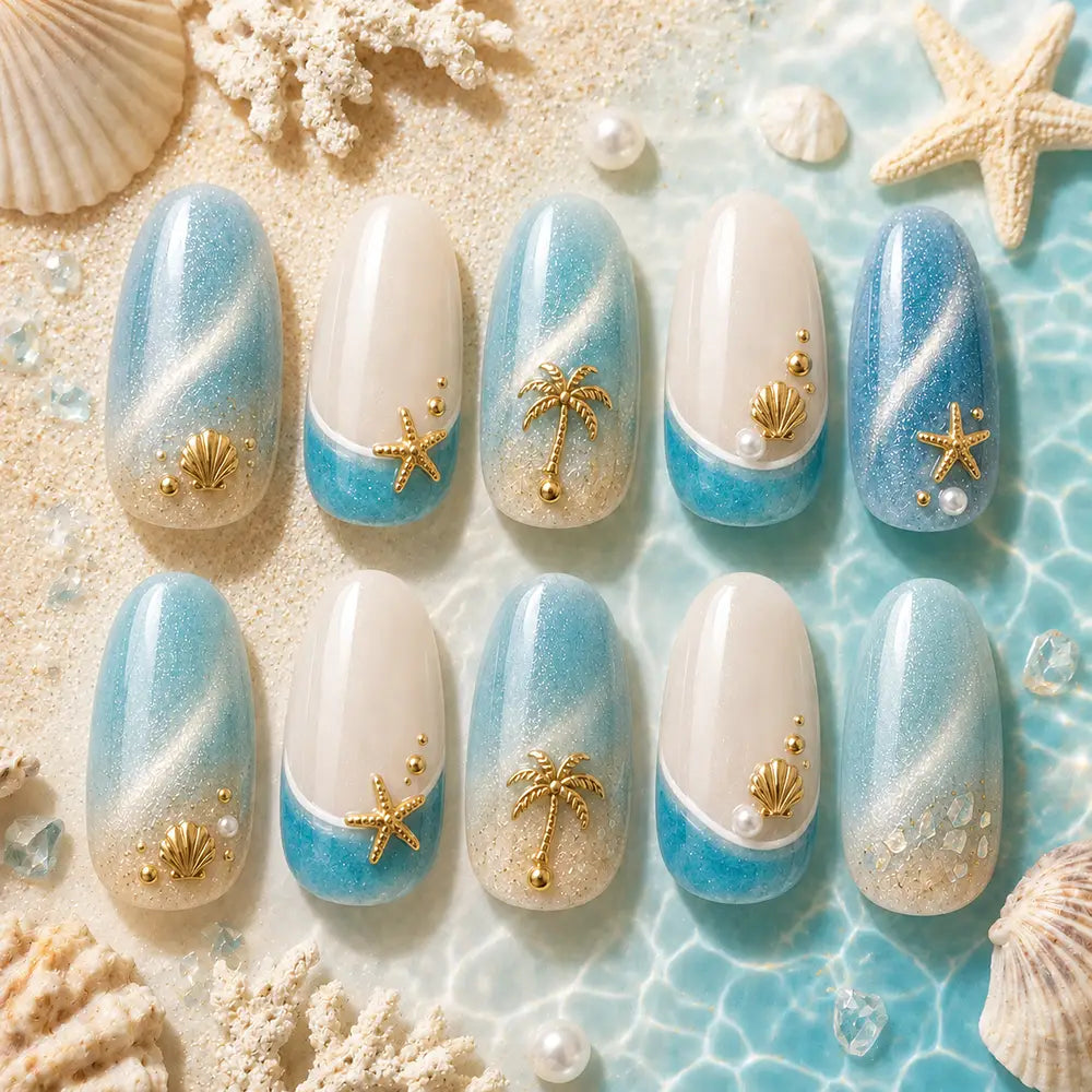 Beach Vacation Seashell Cat Eye Press On Nails