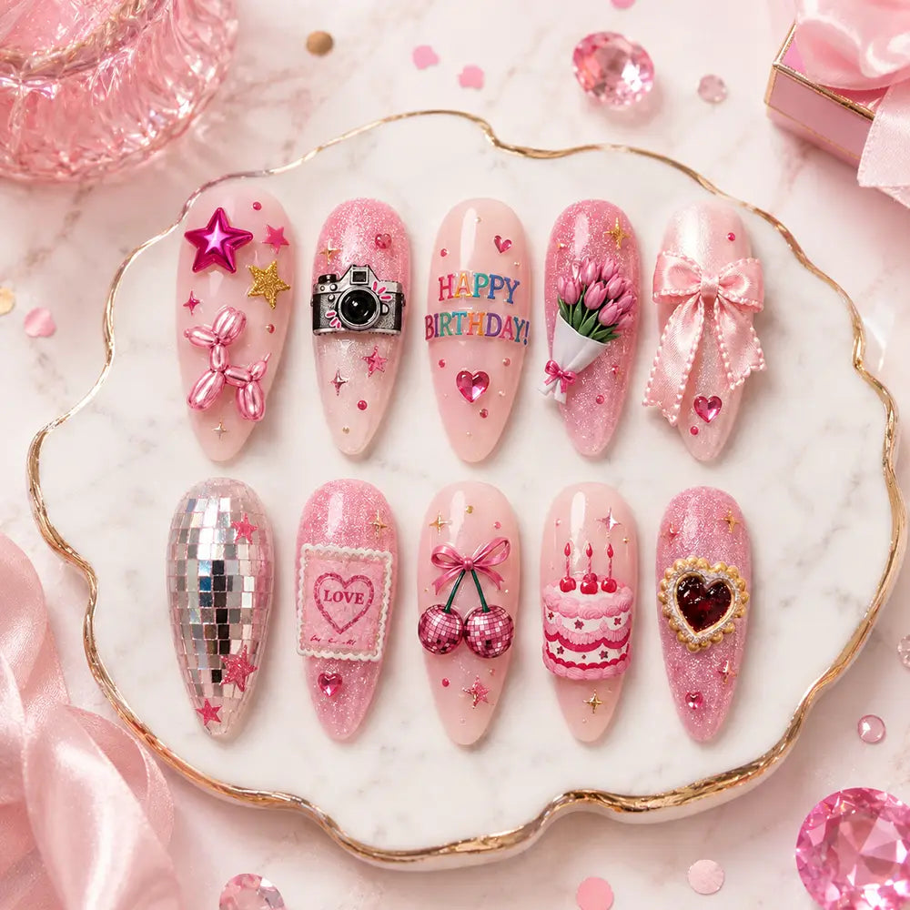 Birthday Bow & Cherry Glitter 3D Press On Nails