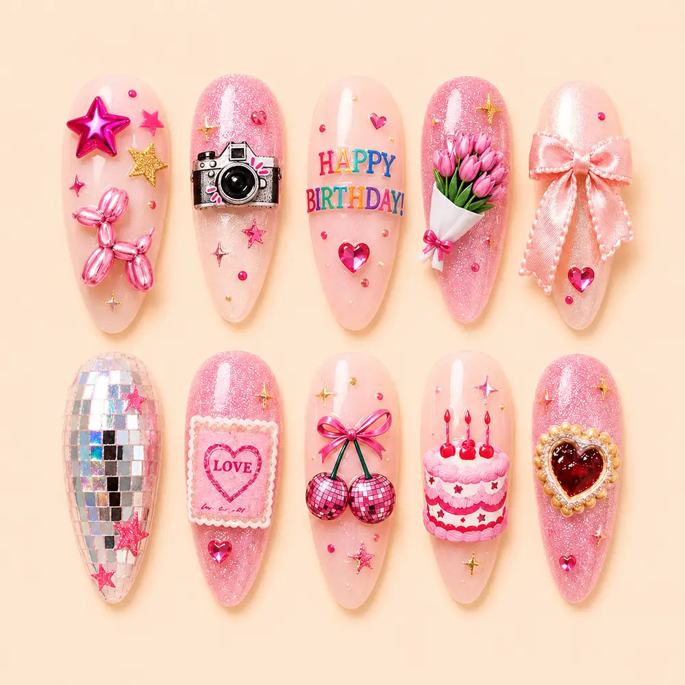 Birthday Bow & Cherry Glitter 3D Press On Nails