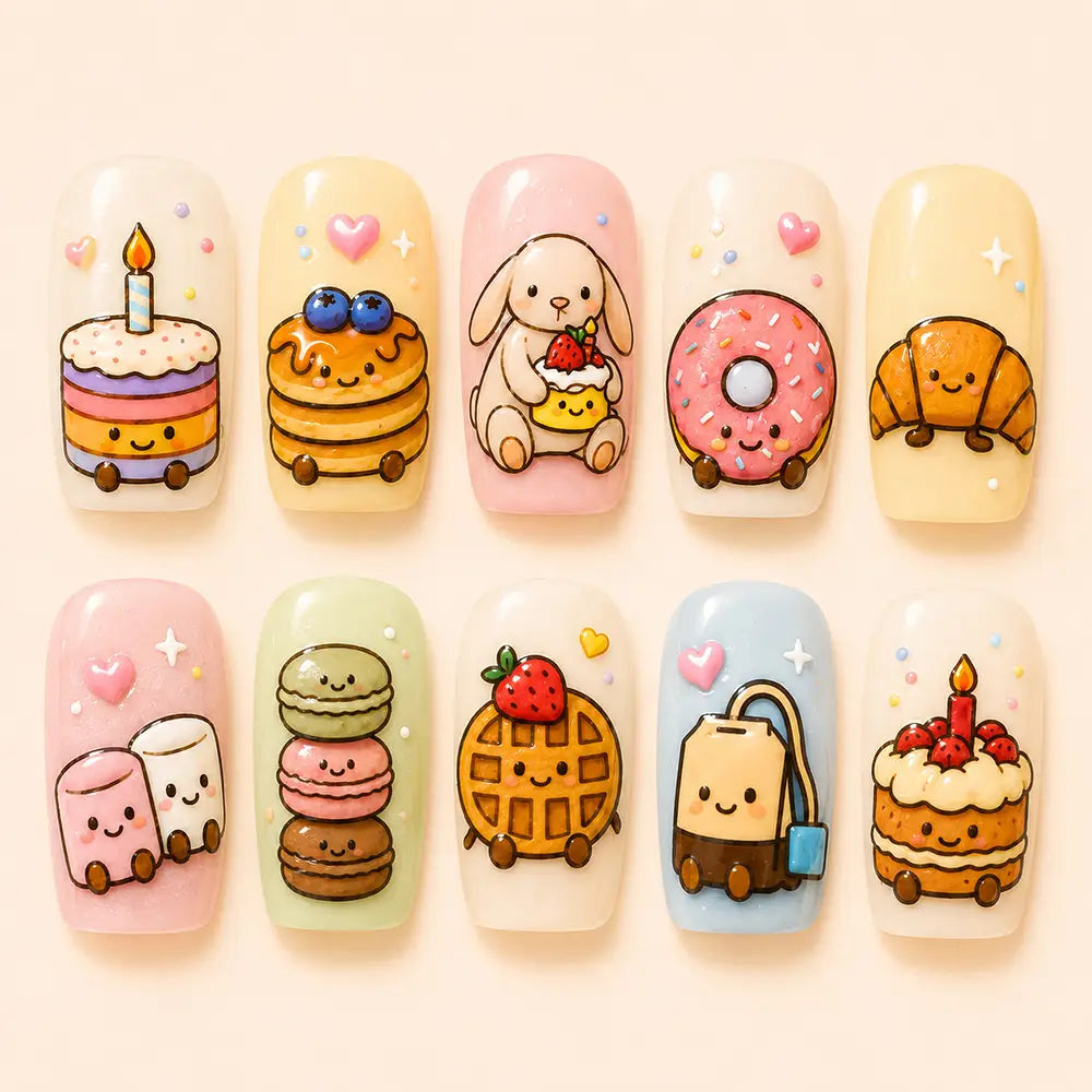 Birthday Bunny & Dessert Glossy Press On Nails