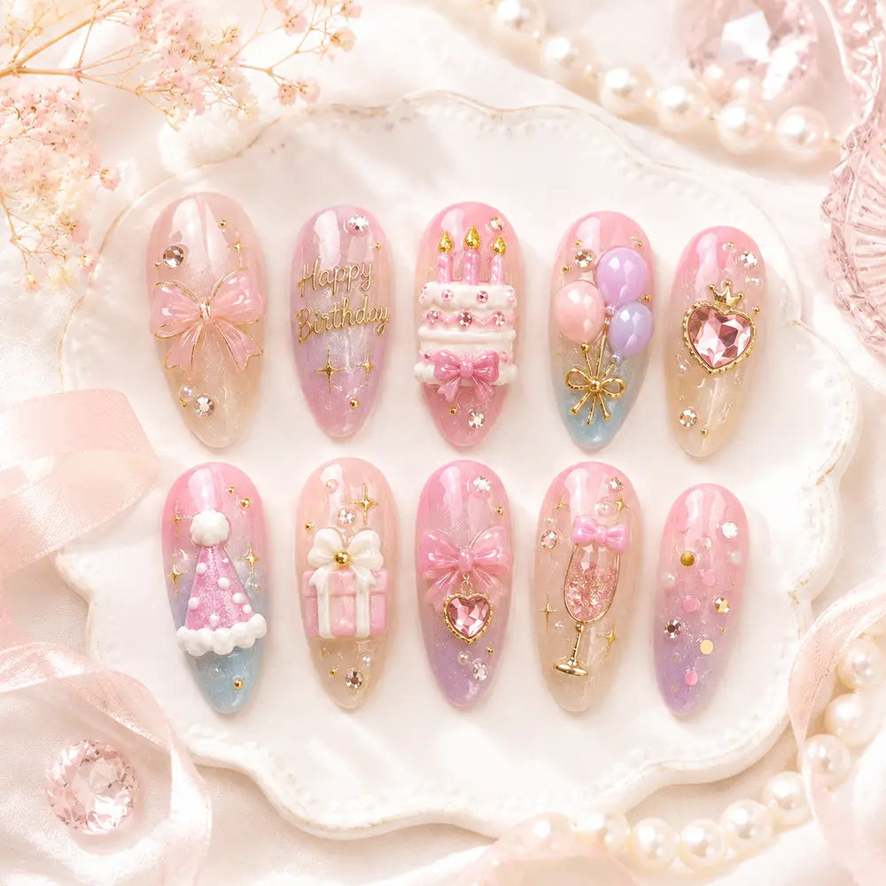 Birthday Cake & Balloon 3D Rhinestone Press On Nails