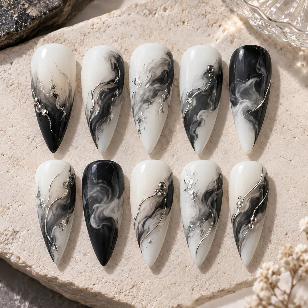 Black and White Silver Swirl Marble Press On Nails — image 2
