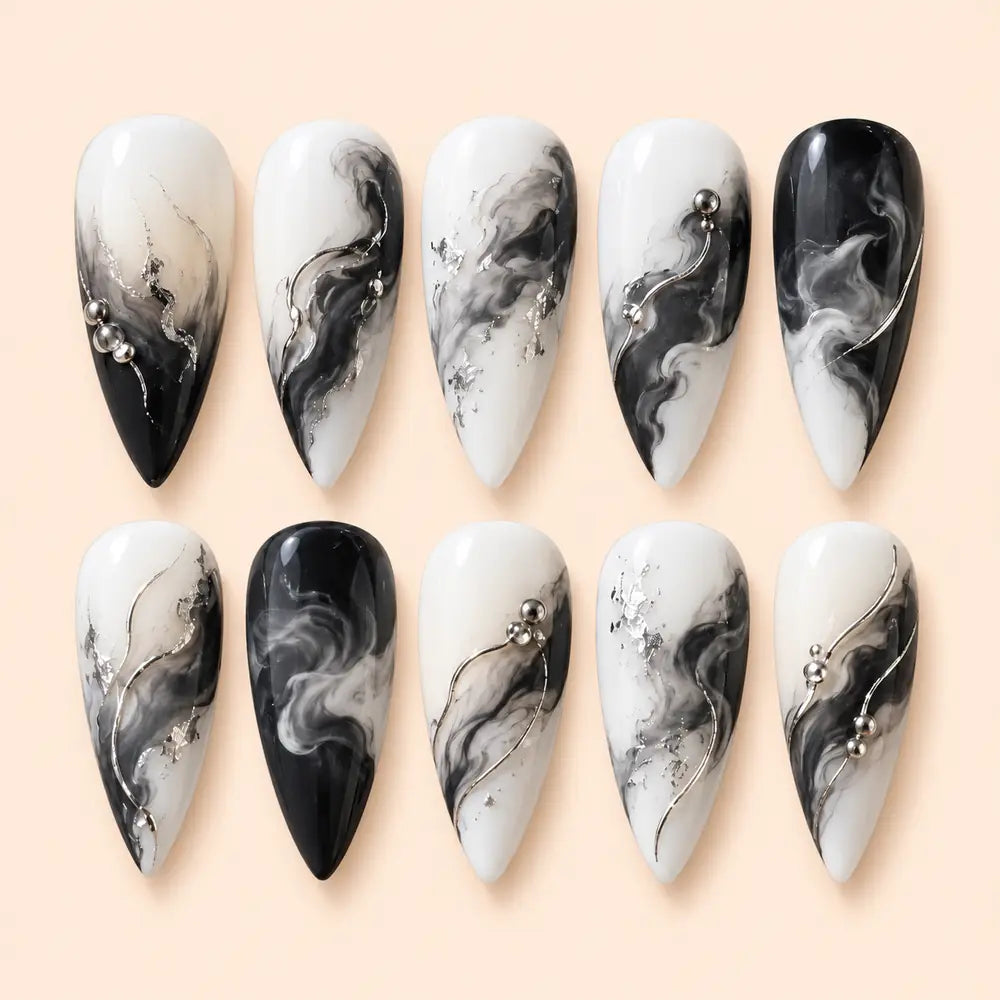 Black and White Silver Swirl Marble Press On Nails — image 1