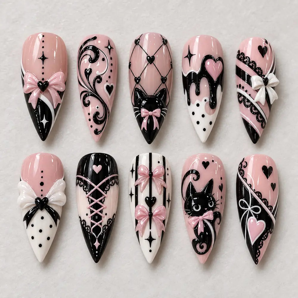 Black Cat Corset Bow 3D Press On Nails — image 2