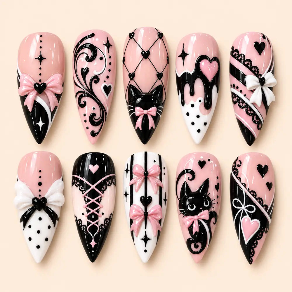 Black Cat Corset Bow 3D Press On Nails — image 1