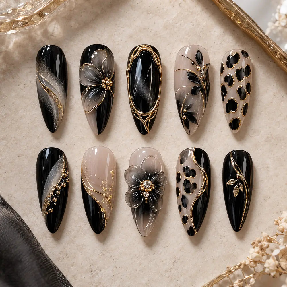 Black Gold Floral Leopard 3D Press On Nails — image 2